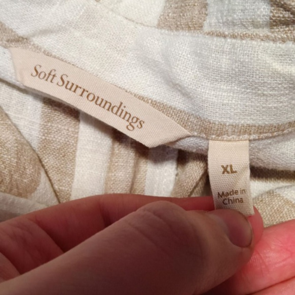 Soft Surroundings Tan White Striped Linen Blend Back Zip Shirt XL 2CK23 - Picture 5 of 6